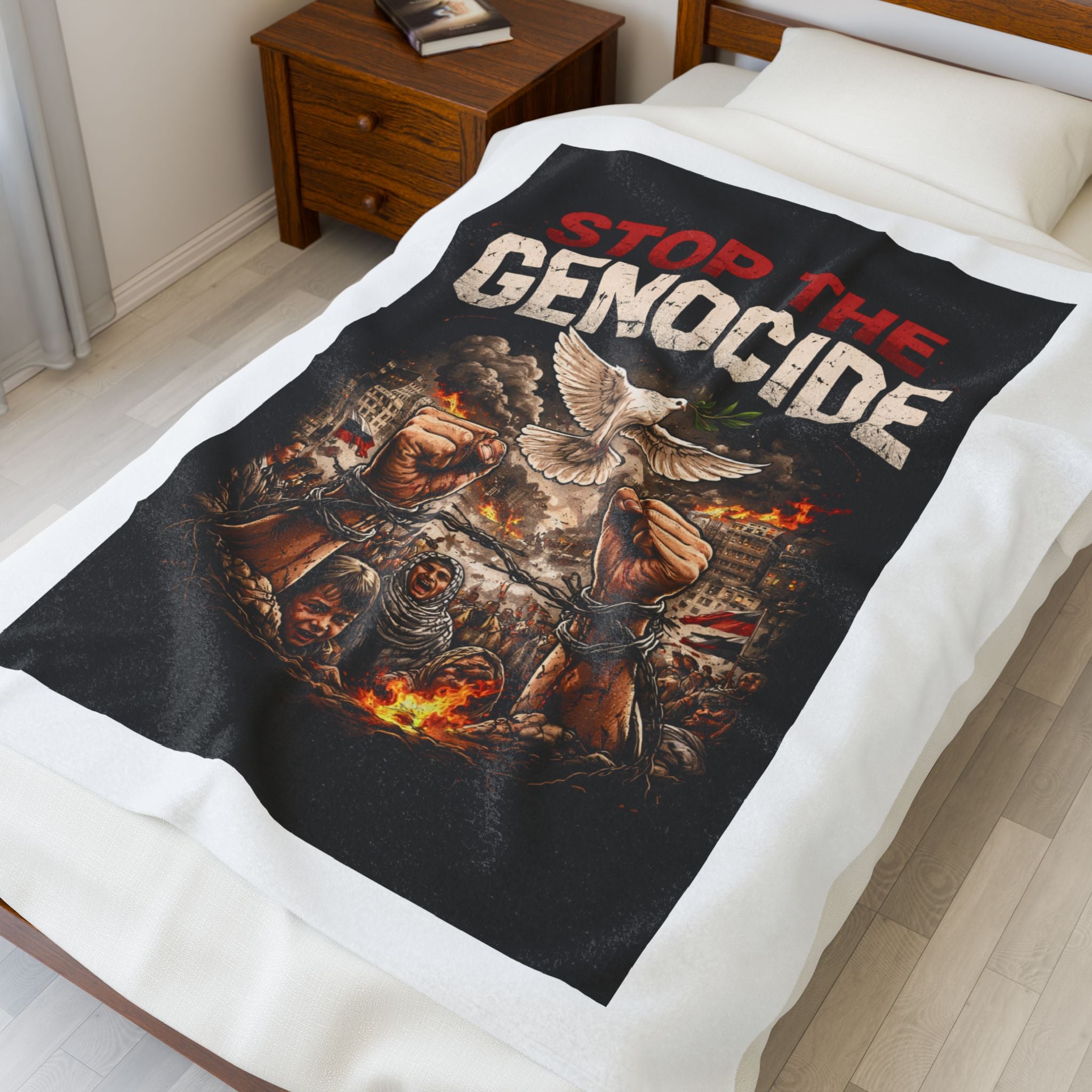 Velveteen Plush Blanket — "Stop the Genocide" Protest Throw Blanket